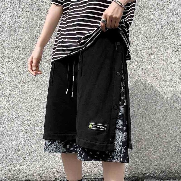 

hip hop high street breasted cashew flower splicing sports capris men's fashion brand loose couple casual shorts women's, Black