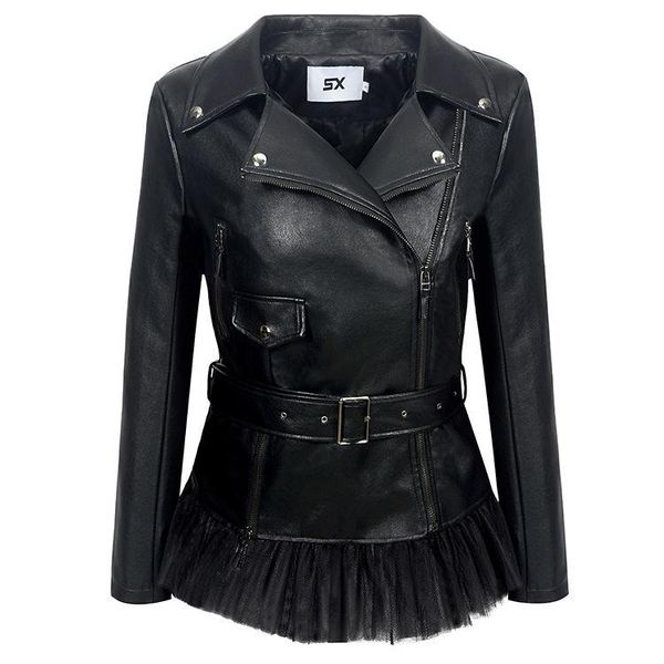 

women's leather & faux women spring autumn black lace hem jacket female ladies slim motorcycle biker leater short coat pu clothes