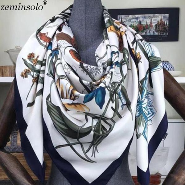

scarves fashion design square silk scarf women foulard floral bandana ladies shawls hijab elegant headband ring 130*130cm, Blue;gray