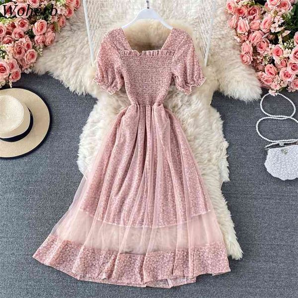 

summer causal dress women short sleeve floral print slim sweet mesh patch dresses ladies korean midi robe vestidos mujer 210519, Black;gray