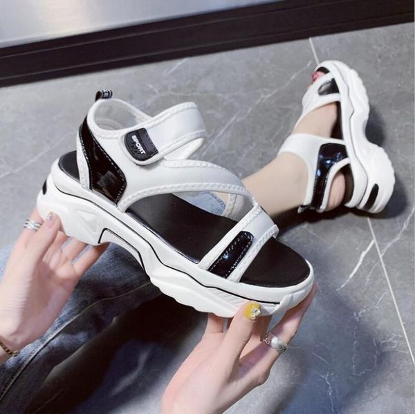 

women chunky platform sandals designers brand 2021 summer beach casual shoes woman lace up wedges 4cm fashion sandal ladies dress, Black