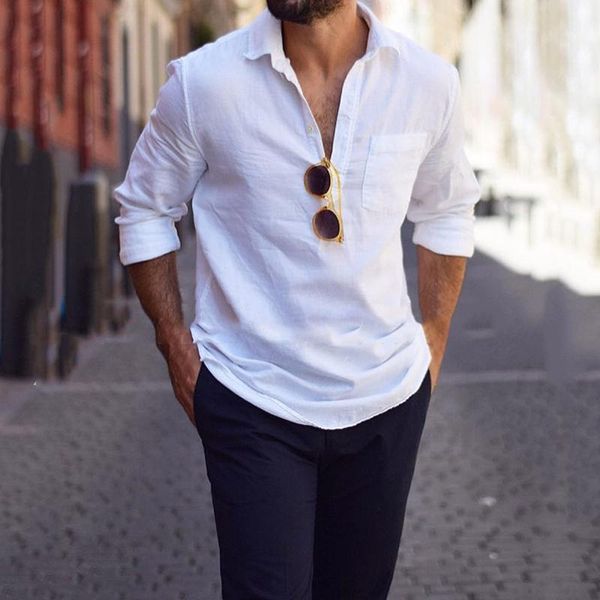 

men's casual shirts autumn long sleeve solid fashion cotton linen slim turn-down collar buttoned men 2022 spring streetwear, White;black