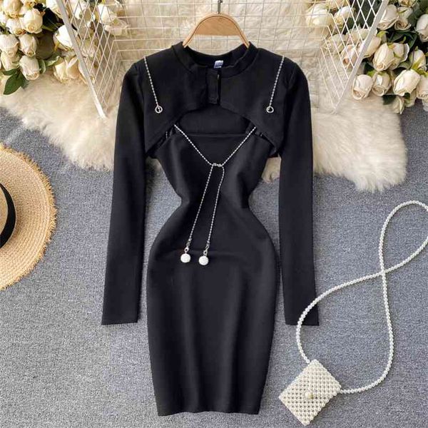 

spring ladies two-piece temperament fashion all-match chain short long sleeve blouse + suspender dress uk490 210507, Black;gray