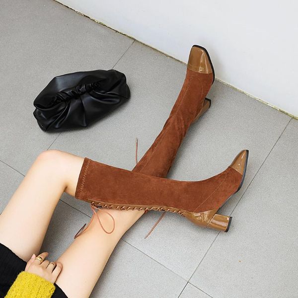 

boots 2021 leather women's knee-length with square toe cross straps thick heel riding rider, Black