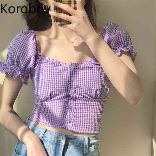 

korobov summer korean slim vintage women blouses new arrival square collar female shirts preppy style mujer blusas 210430, White