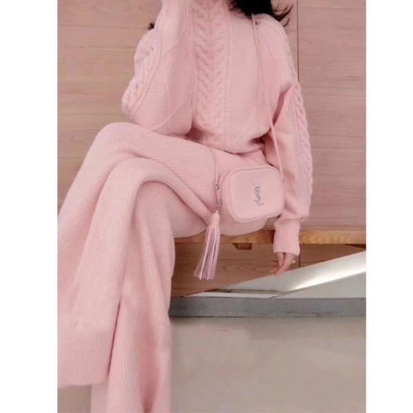 

women's two piece pants 2021 autumn winter thicken knitted 2 pieces set women turtleneck pullover sweater & wide leg pant suit female p, White