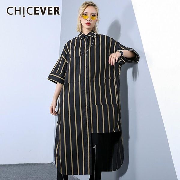

women's blouses & shirts chicever striped women and lapel three quarter sleeve loose asymmetric hem blouse 2021 spring fashion, White