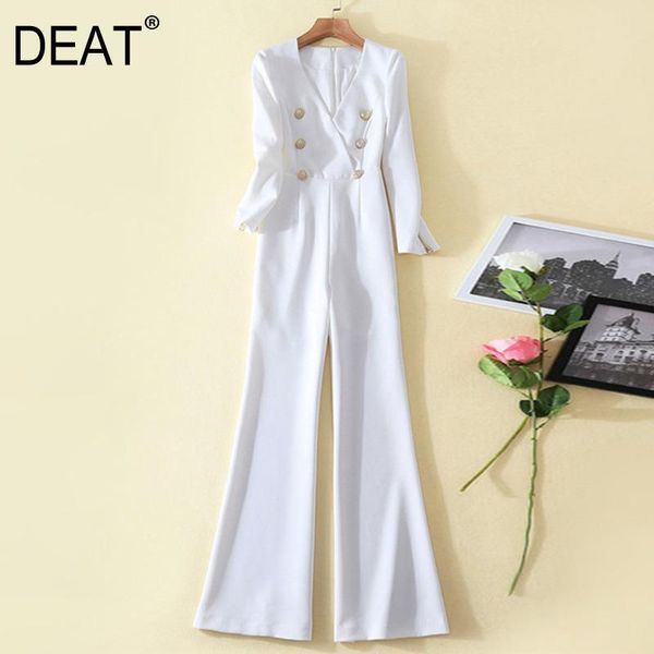

women's two piece pants [deat] v-neck collar long sleeve solid white metal double breasted trumpet full jumpsuit mall goth 2021 spring