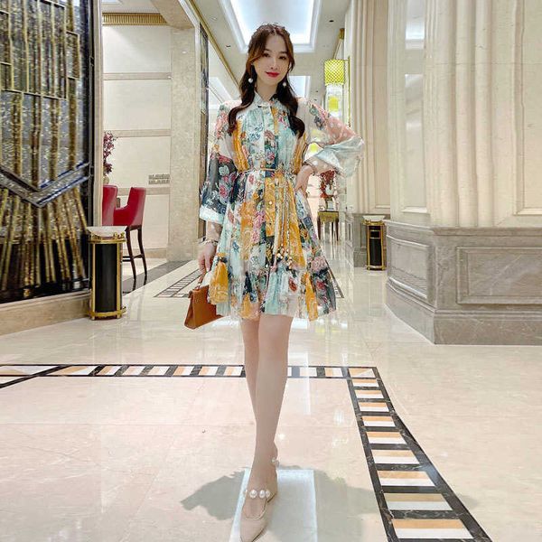 

225 2021 runway dress spring summer dress brand same style dress empire long sleeve stand collar panelled sh, Black