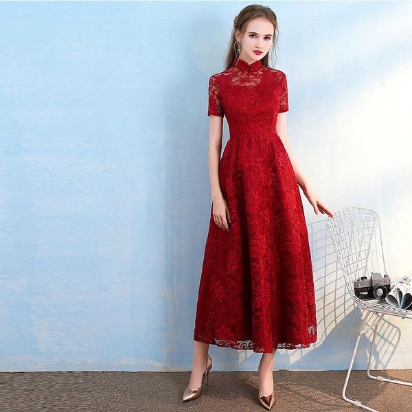 

wine red vintage cheongsam fashion long lace qipao chinese oriental dresses traditional evening dress classic women ethnic clothing