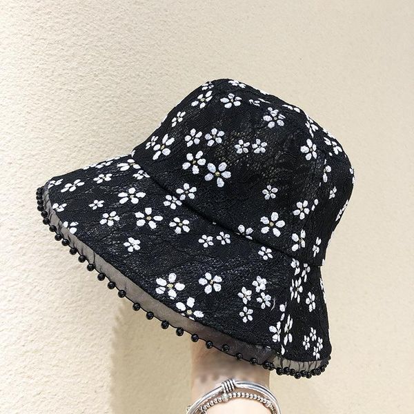

wide brim hats korean lace flower fisherman hat female summer net red folding pearl basin breathable sun protection trend, Blue;gray