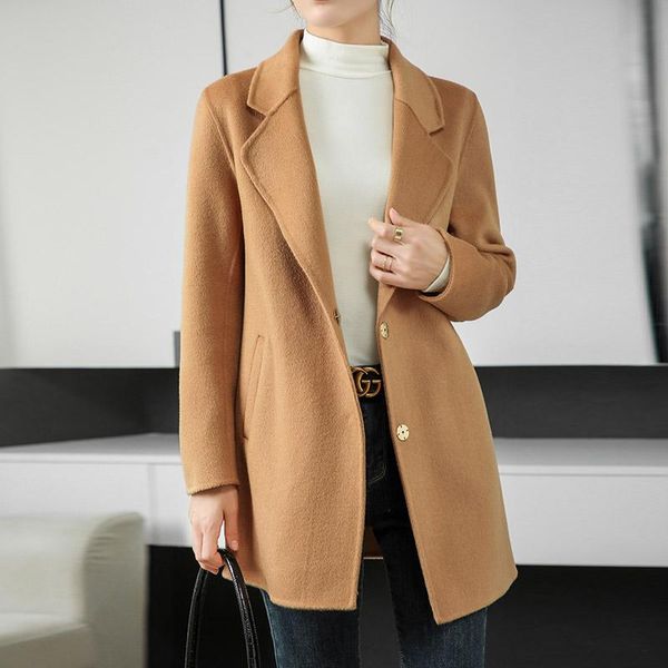 

women's wool & blends 100% coat for women cashmere blend long trench 2 sides woolen outwear jacket autumn winter, Black
