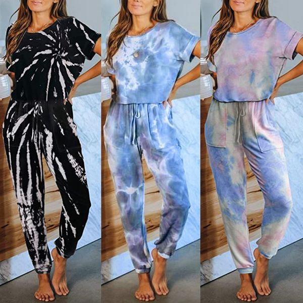 Mulheres pajama manga curta tie-tintura longa pijama definir um pedaço pijama underwear o-pescoço solo sleepwear pijama mulher casa roupas x0526
