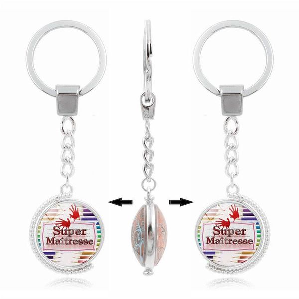 

keychains super maitresse keychain women men jewelry merci glass cabochon double side rotatable pendant key chain ring holder, Silver