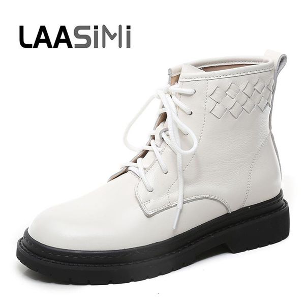 

boots laasimi 2021 genuine leather winter women motorcycle retro casual women's ankle shoes warm combat boot for, Black