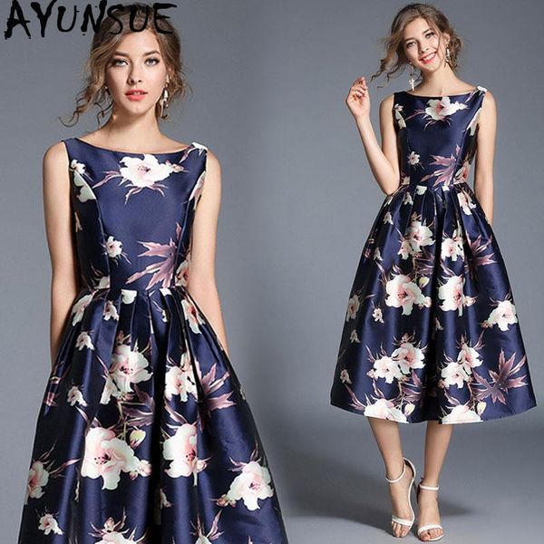 

casual dresses ayunsue 2021 spring summer floral dress elegant women vintage a line party print sleeveless vestidos de festa kj4254, Black;gray