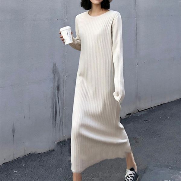 

casual dresses classic o-neck long sleeve sweater female korean style slim knitted mid-calf straight autumn women's mk1u, Black;gray