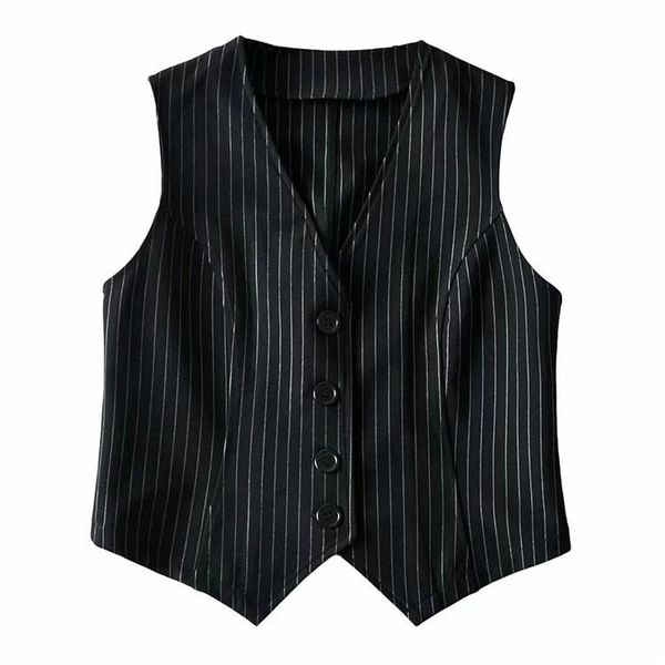 

women's vests stripe vest suit women elegant ol waistcoat v-neck career ladies crop office formal work wear outerwear autumn mujer, Black;white