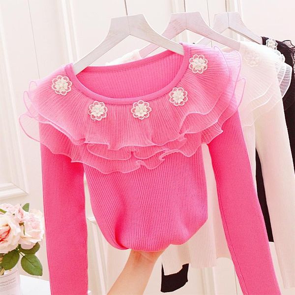 

women's blouses & shirts autumn winter women shirt flower lace ruffles blouse elegant sweet long sleeve knitted lady short bottoming r, White