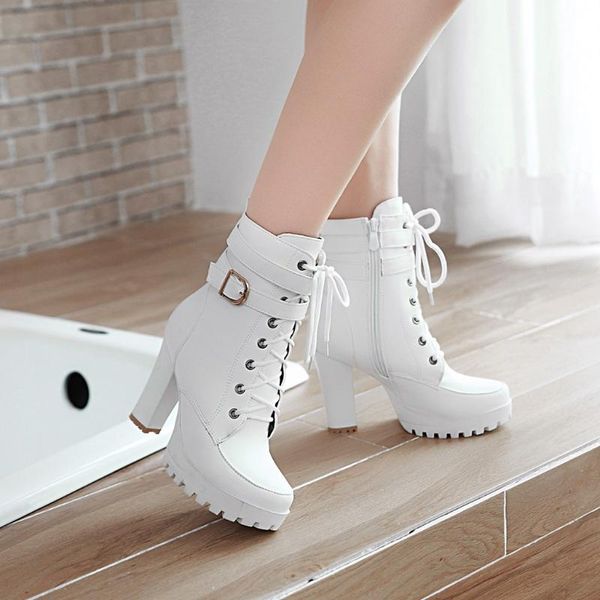 

boots high heels women ankle lace up fall winter platform ladies large size fashion shoes white black brown 659