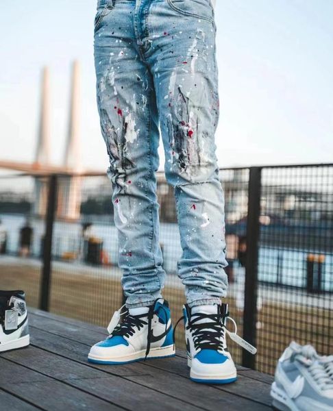 

men's jeans 2021 blue fashion male casual trousers splash ink graffiti europe and america style denim pants for men