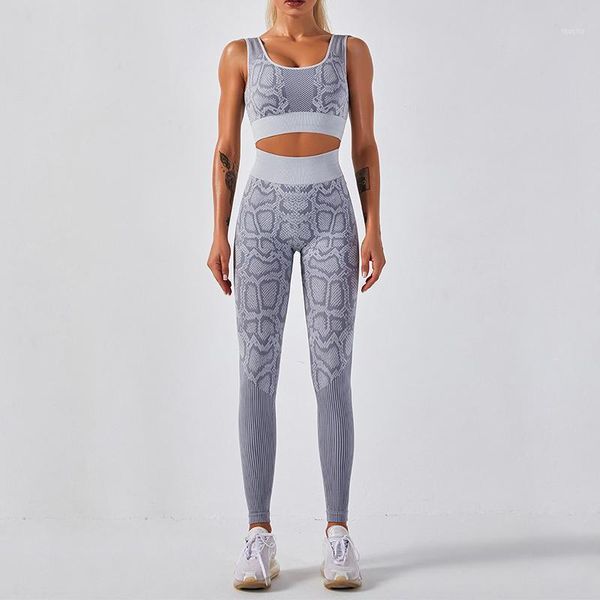 Mulheres sem costura yoga conjunto ginásio vestuário serpente padrão terno moldando cintura alta running leggings treino acolchoado sutiã 2 peça roupa