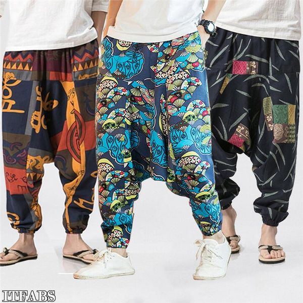 

men's pants baggy casual harem hippie martial art print big crotch trousers, Black