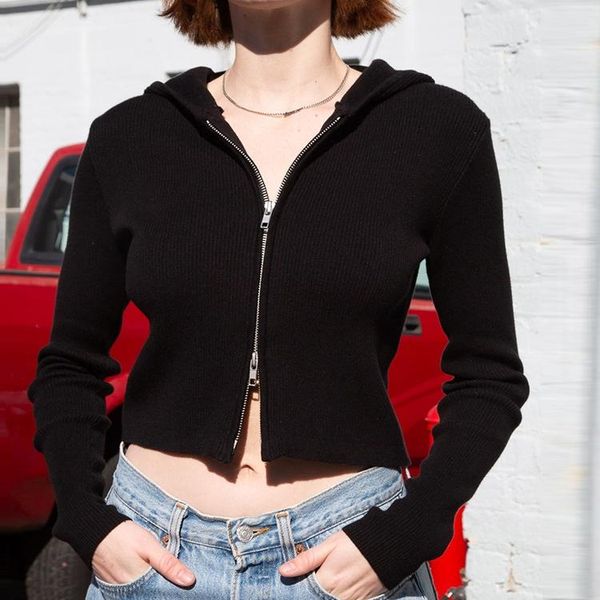 

women's jackets european women short jacket slim solid zipper long sleeve hooded thin outwear chic clothing, Black;brown