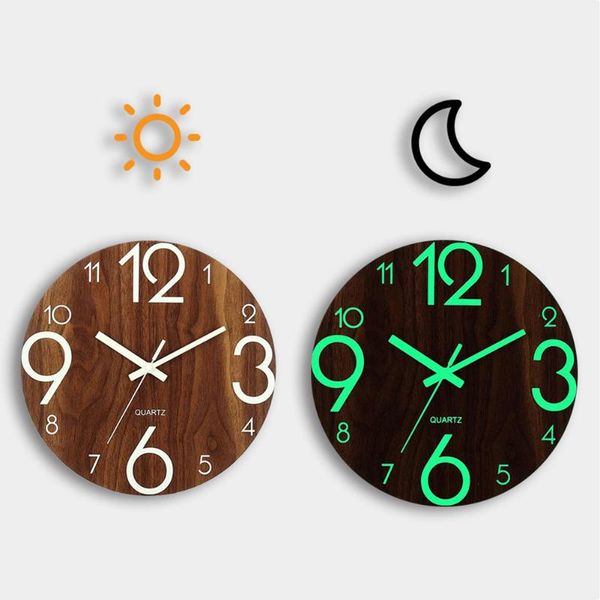 

wall clocks vintage brown wooden clock home decor mute luminous arabic numerals glowing day night modern gifts
