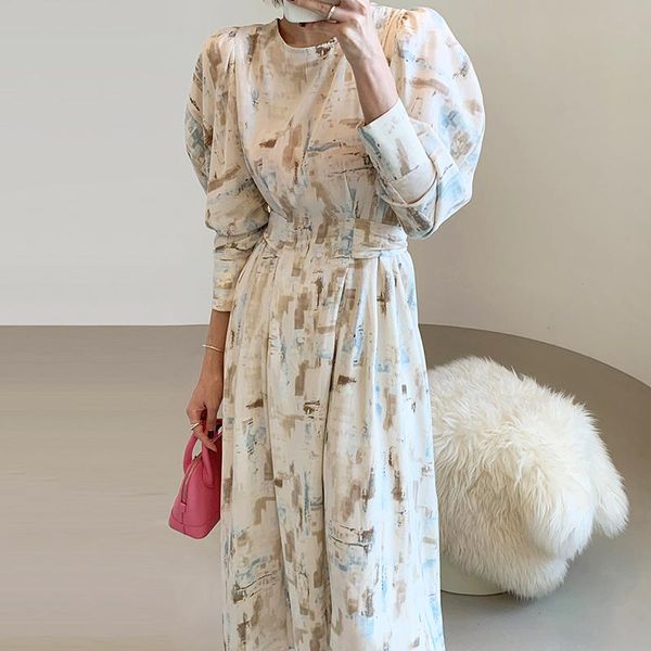 

casual dresses women's long dress autumn round neck sleeve high waist printed vestidos female geometric pattern robe fashion 2021, Black;gray