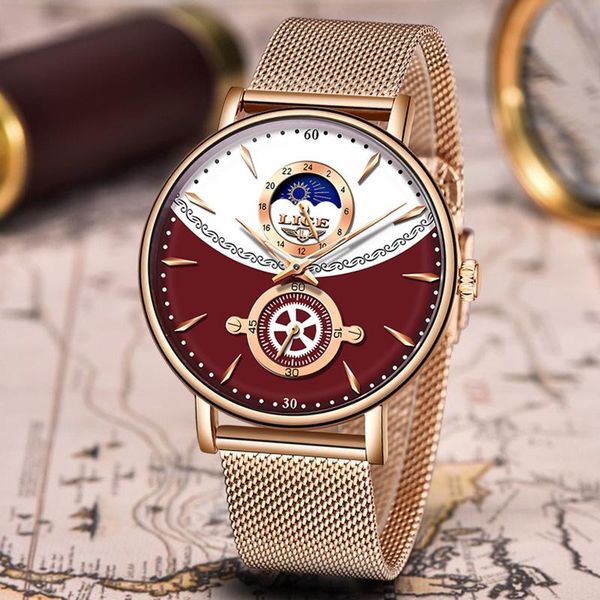 

relogio 2021 mens watch lige stainless steel waterproof quartz watches men fashion sport moon phase clock wristwatches, Slivery;brown