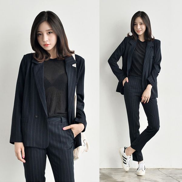 

work fashion pant suits 2 piece set for women striped blazer jacket & trouser office lady formal 210514, White;black