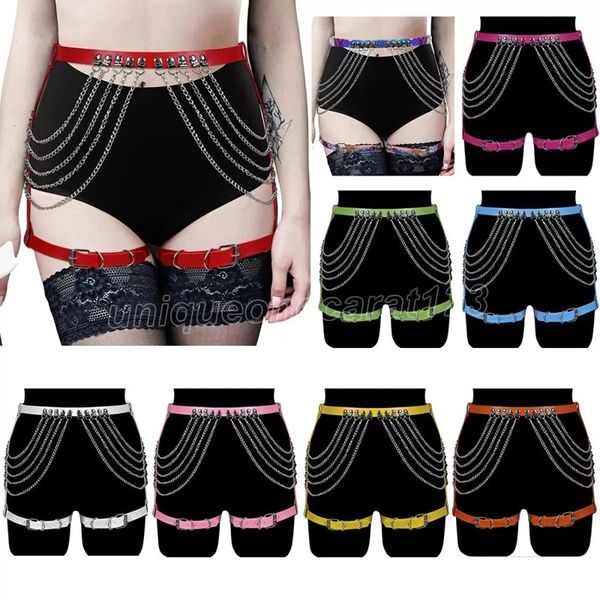 

goth bondage costume harness belly chains rock pub punk garter belt rivets waist chain laser colorful leather vintage suspenders women body, Silver