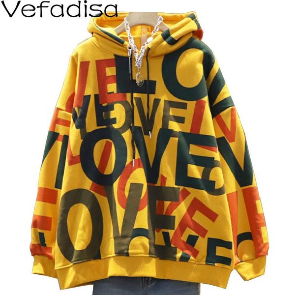 

vefadisa plus size letter print women sweatshirt 2021 spring fleece hooded pullover coat casual green white yellow qyf4316 women's hood, Black