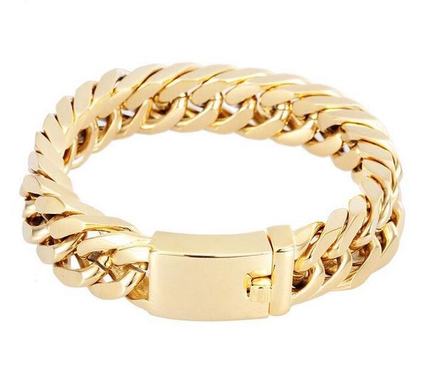

link, chain punk fashion 14mm wide cool men's biker bracelet gold 316l titanium stainless steel cuban chains bangle jewelry for men, Black