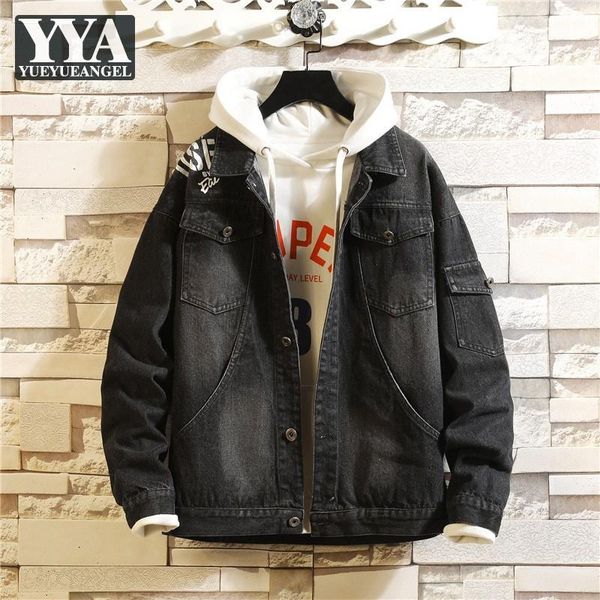 

men's jackets spring mens denim jacket harajuku loose fit printed autumn outerwear long sleeve pocket casual cargo coat male vintage, Black;brown