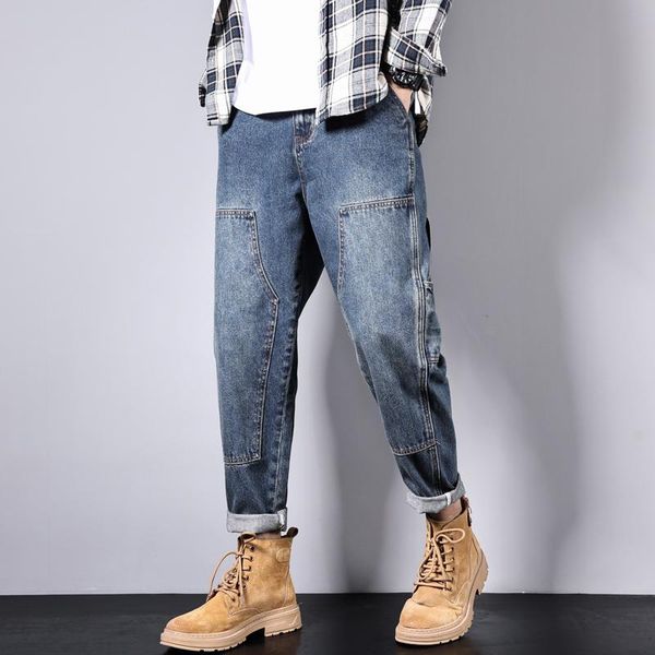 

spring and autumn simple jeans harem pants trend men's loose straight casual overalls comfortable, Blue