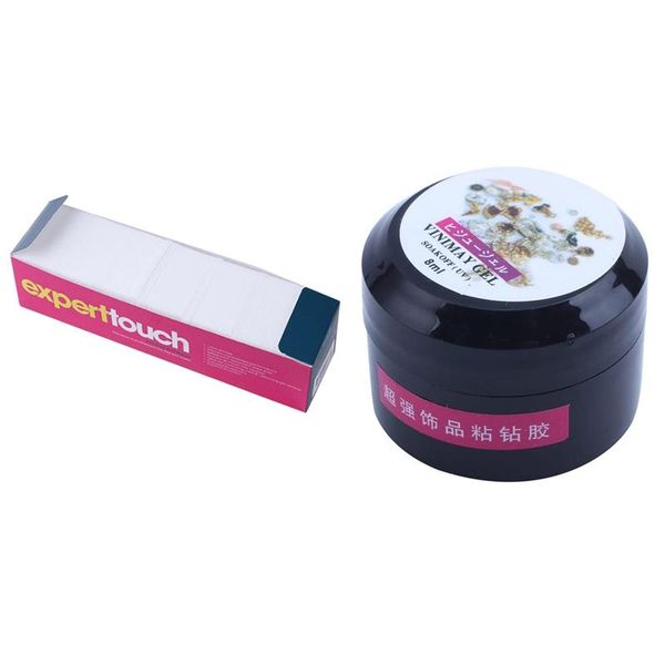 

nail art kits 1x 8g bottle soak off super uv gel rhinestone transparent glue & 325x wipes lint cotton pads nonwovens