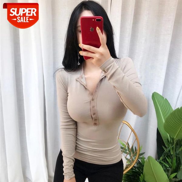 

White T Shirt Women 2021 Korean Style Women Tops Long Sleeve Button Slim Basic Ropa Mujer Chic Clothes Sexy Deep V Neck T Shirt #YS5u