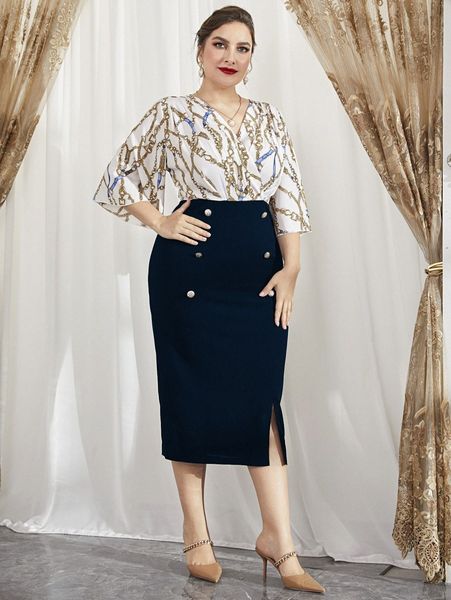 

plus chain print fake button split hem 2 in 1 dress p4my#, Black