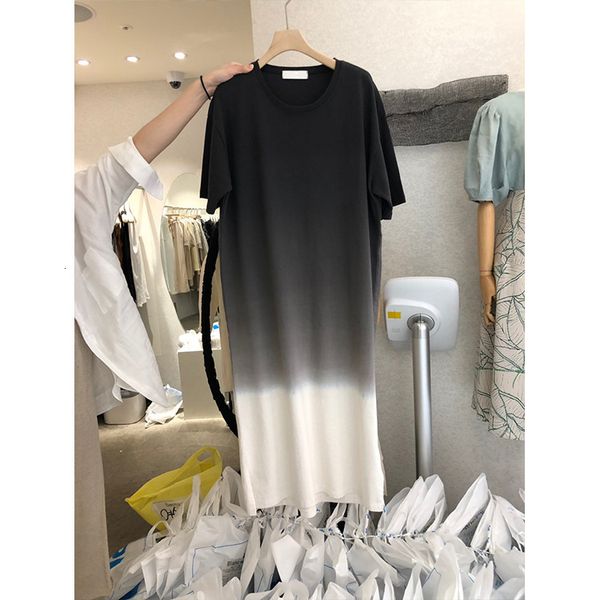 

luxury casual dresses south korea dongdamen 2021 summer casual round neck color contrast loose thin medium length t-shirt drs for women, Black;gray