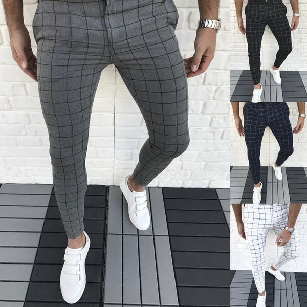 

spring autumn men pants streetwear plaid print casual pencil pants male summer winter middle waist long trousers, Black