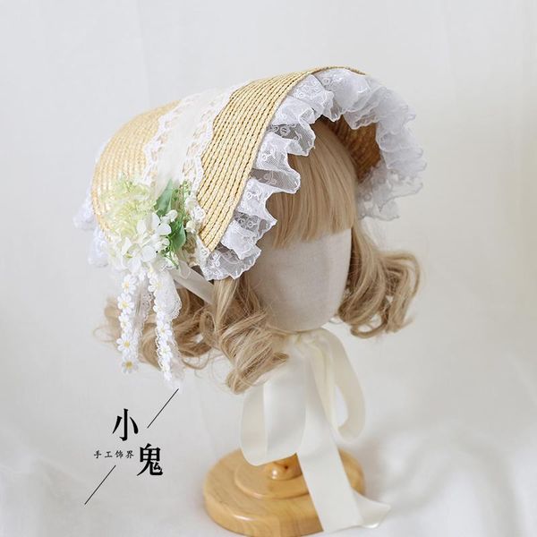 

lolita flat hat hanfu wheat-straw french strap tie pastoral lace mori artistic straw other event & party supplies
