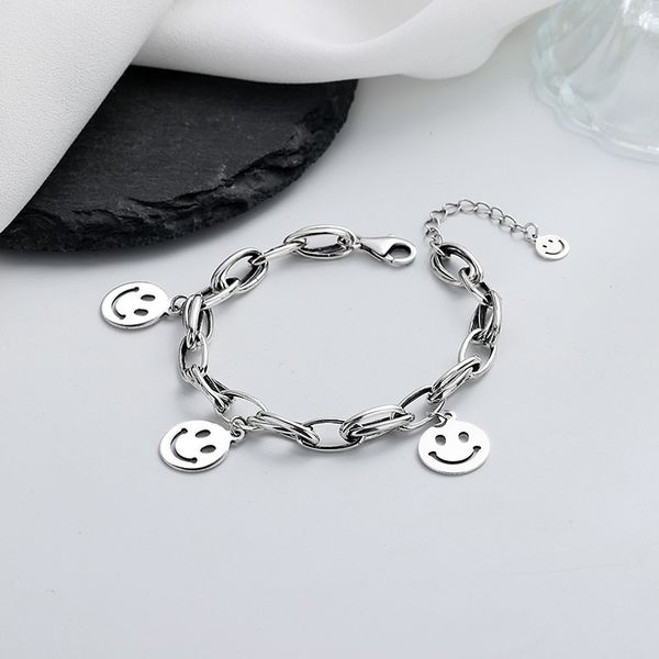 

chaosheng s925 sterling silver fashion net red wind smiling face thick bracelet street hip hop light luxury temperament hand ornamented, Golden;silver