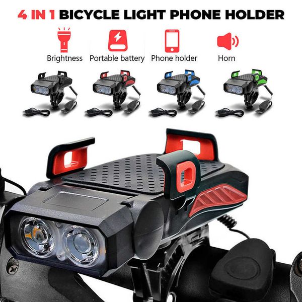 NOVOS 4 EM 1 BICICLETA TELADOR DE TELEFONE POWER BUING HORN À Prova D 'Água USB Recarregável Bike Farol Integrated Mobile Phone Bracket