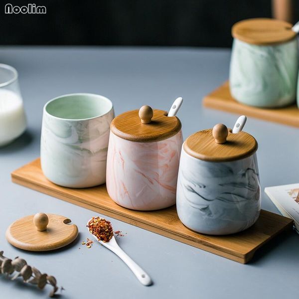 

storage bottles & jars nordic marble creative ceramic seasoning jar with wood tray household oil salt spice tools set kitchen accessori