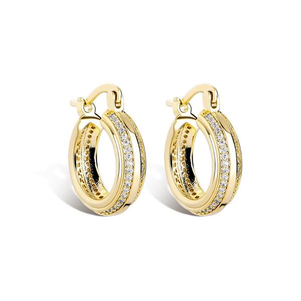 

hoop & huggie earrings in yellow gold (18mm) stud for girls single row cubic zirconia hip hop jewelry accessories, Golden;silver