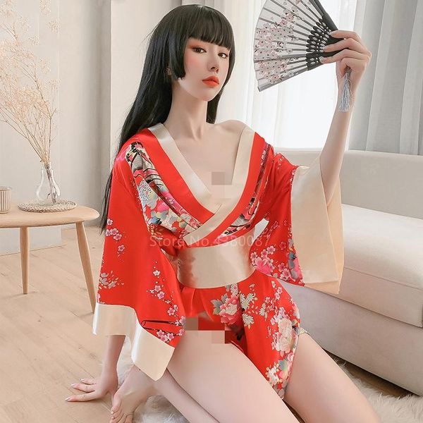 

ethnic clothing sleepwear japanese kimono traditional dress women cardigan floral print yukata asian obi geisha robe vintage clothes, Red