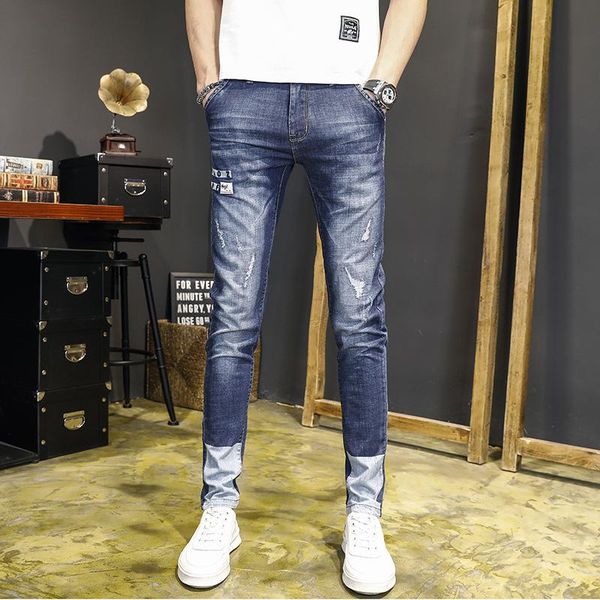 

the summer men straight jeans men's casual slacks elastic thin model, Blue