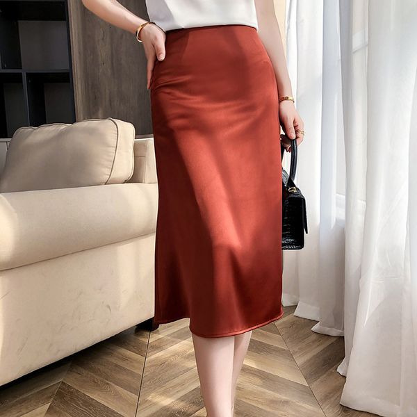 

spring and summer silk skirt women's high waist three acetic acid bag hip fishtail a-line medium length satin, White